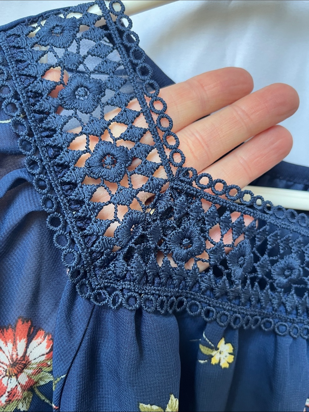 Beautees Navy Floral Crochet Yoke Tie-Front Blouse - Picture 5 of 7